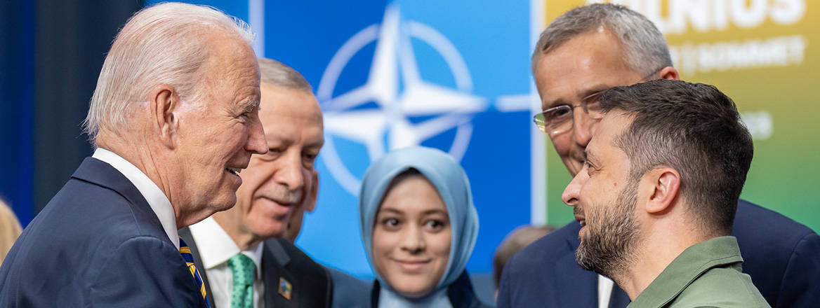 So close yet so far: Ukrainian President Volodymyr Zelensky is greeted by other leaders at the NATO Summit in Vilnius