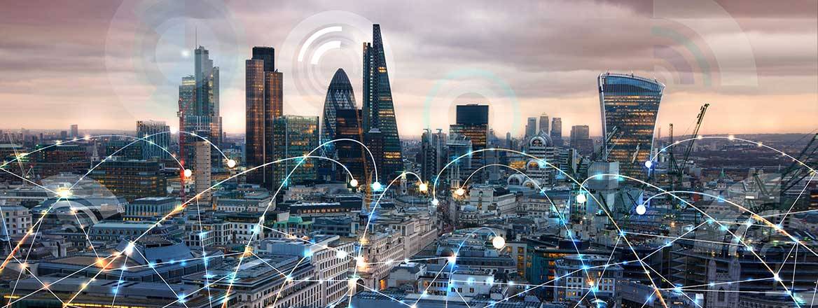 Skyline of London with digital network concept.