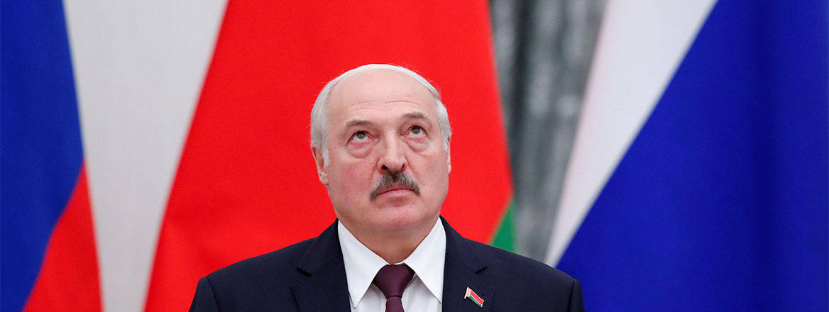 President Lukashenko of Belarus looking to the sky at news conference in Moscow 9 September 2021