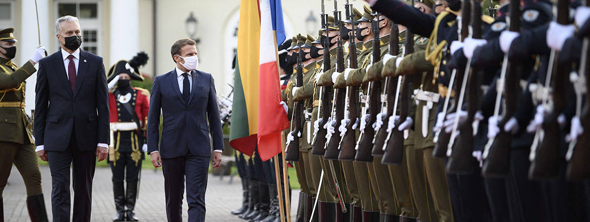 French President Emmanuel Macron with Lithuanian President Gitanas Nausėda in Vilnius, Lithuania in September 2020. Courtesy of Abaca Press / Alamy Stock Photo