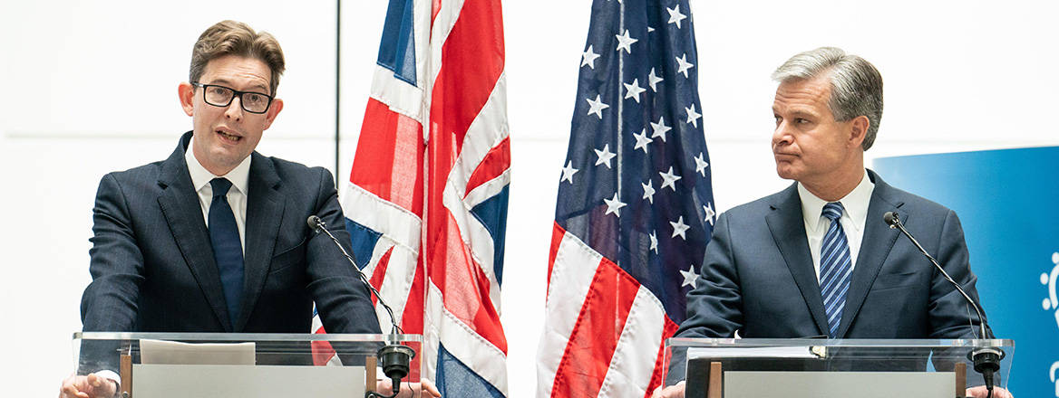 Shifting priorities: MI5 Director General Ken McCallum and FBI Director Christopher Wray at a joint press conference on 6 July 2022. Image: PA / Alamy