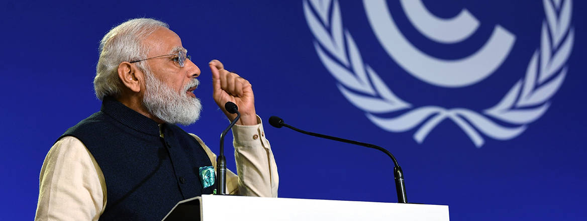 Indian Prime Minister Narendra Modi speaking at COP26 on 1 November 2021. Courtesy of Government of India / Wikimedia Commons / GODL