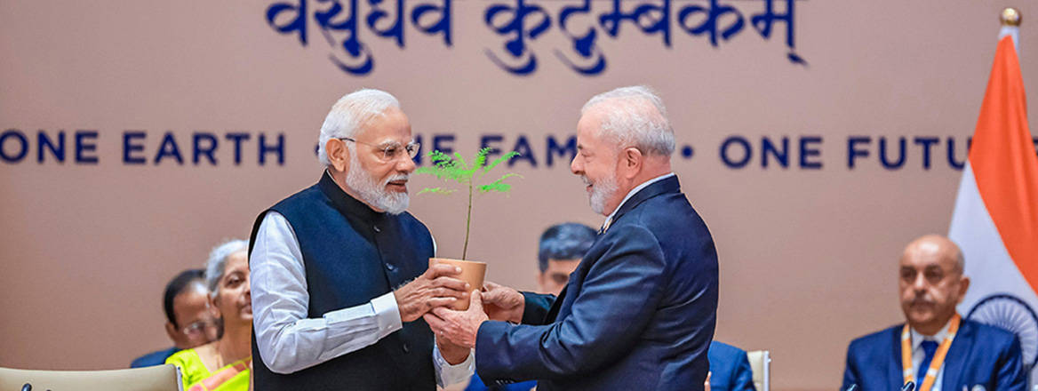 Passing the torch: Brazilian President Lula da Silva presents a tree sapling to Indian Prime Minister Narendra Modi to symbolise the transfer of the G20 presidency