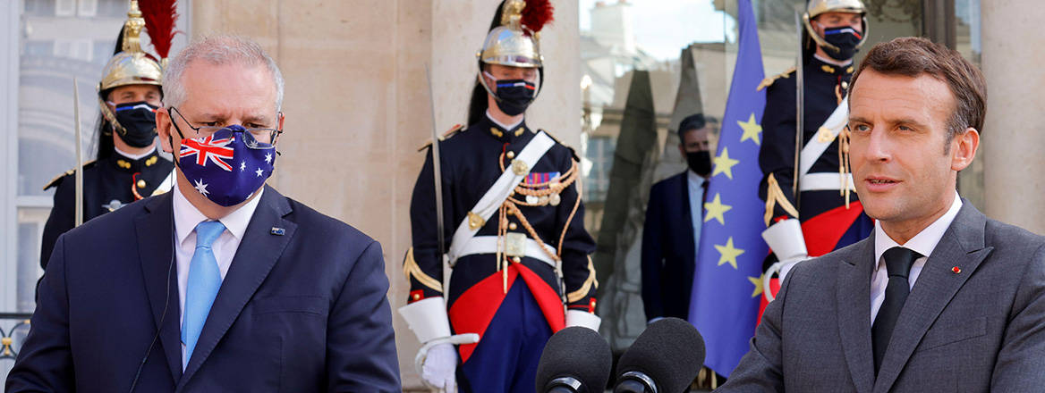 French President Emmanuel Macron and Australian Prime Minister Scott Morrison hold a joint news conference in Paris on 15 June 2021