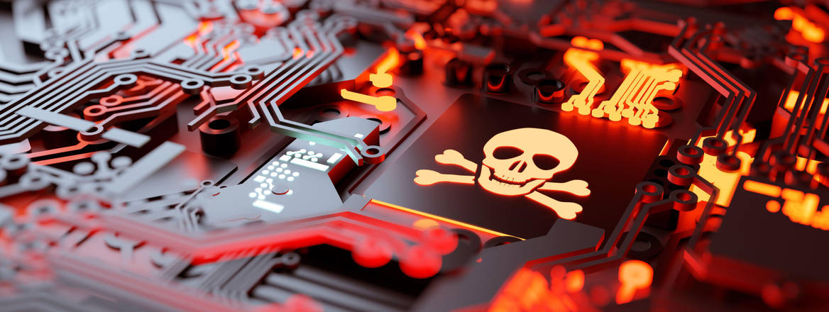 3-D image of vulnerable computer systems being hacked and network ransomware on digital cybercrime background and skull and crossbones