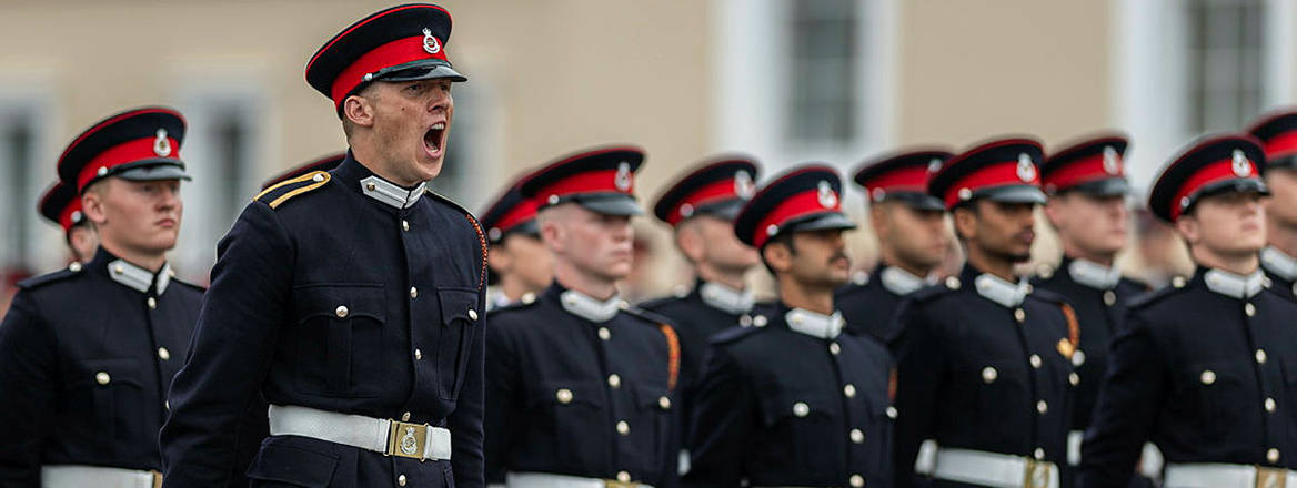 Officer Cadets preparing to pass out as army officers at the Sovereign’s Parade at the Royal Military Academy Sandhurst, August 2020