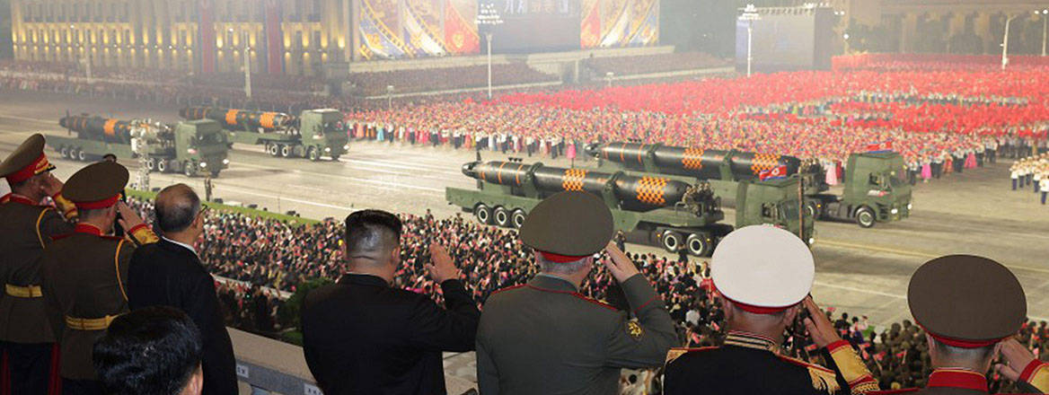 North Korean leader Kim Jong-un at a military parade in Pyongyang, July 2023, with Sergei Shoigu and Li Hongzhong.