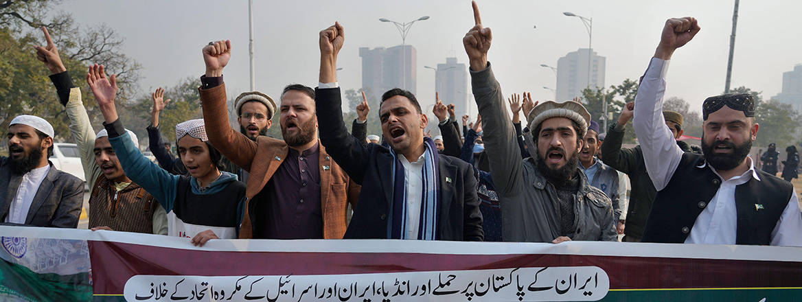 Tensions flare: Pakistanis chant slogans at a demonstration to condemn Iranian strikes on their country's territory