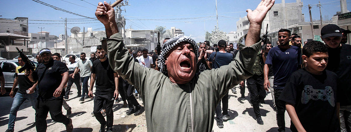 Ongoing trauma: people attend the funeral of four Palestinians killed during an airstrike in the West Bank on 3 July