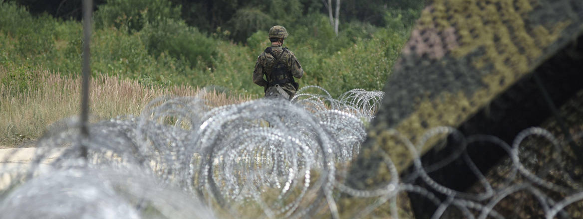 A Polish soldier on the border with Belarus