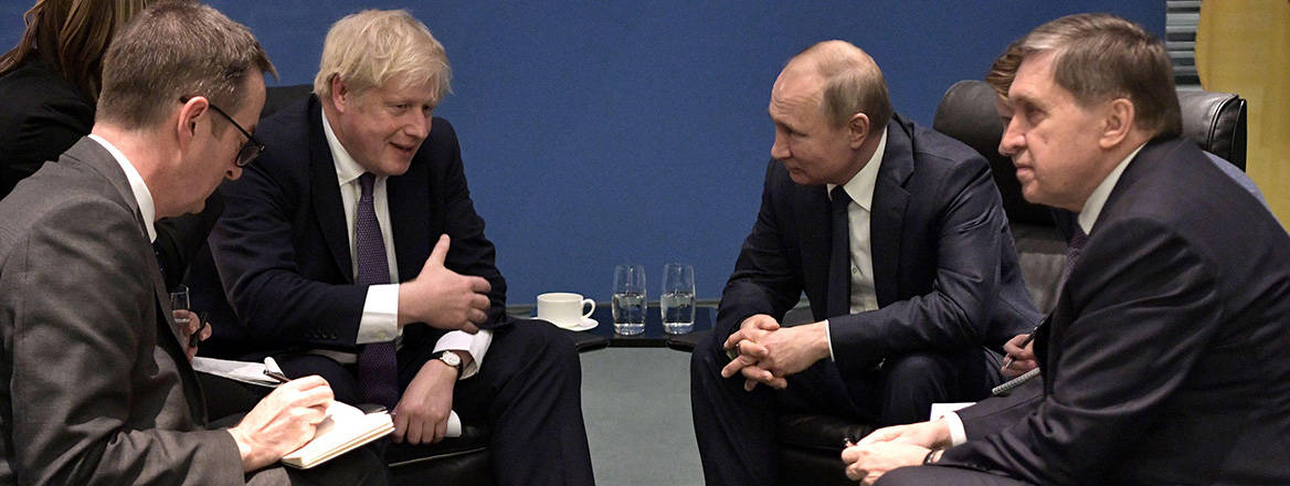 UK Prime Minister Boris Johnson and Russian President Vladimir Putin meet on the sidelines of an international summit on Libya in January 2020. Courtesy of Alexei Nikolsky / Alamy Stock Photo