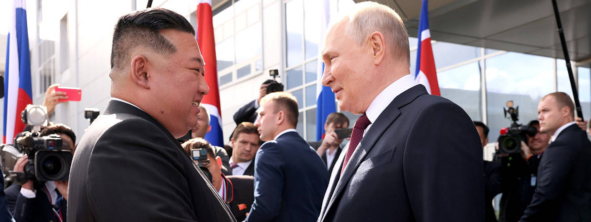 No qualms: President Vladimir Putin greets North Korean leader King Jong-un during the latter's visit to Russia in September 2023