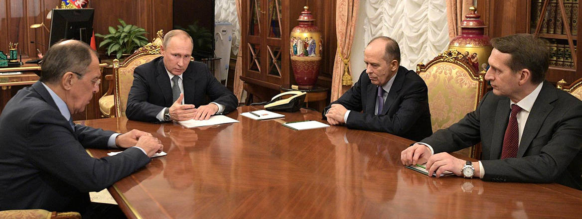 Old hands: Russian President Vladimir Putin with Foreign Minister Sergei Lavrov, Director of the Federal Secret Service Alexander Bortnikov and Foreign Intelligence Service Director Sergei Naryshkin