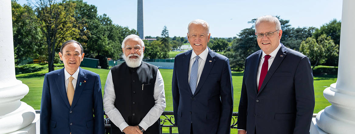 All smiles: Quad leaders former Japanese Prime Minister Yoshihide Suga, Indian Prime Minister Narendra Modi, US President Joe Biden and Australian Prime Minister Scott Morrison at a summit in September 2021