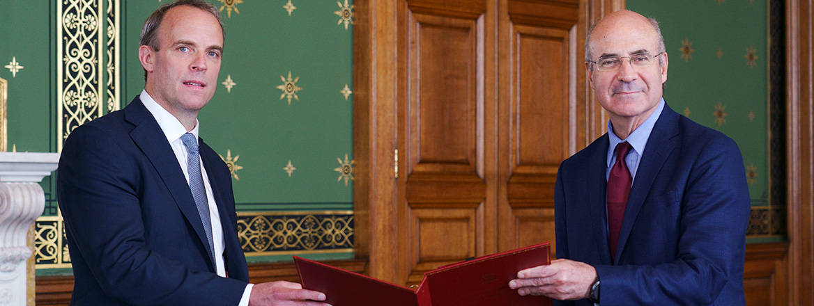 UK Foreign Secretary Dominic Raab with Bill Browder, one of the principal campaigners for human rights sanctions in the US and UK, in July 2020