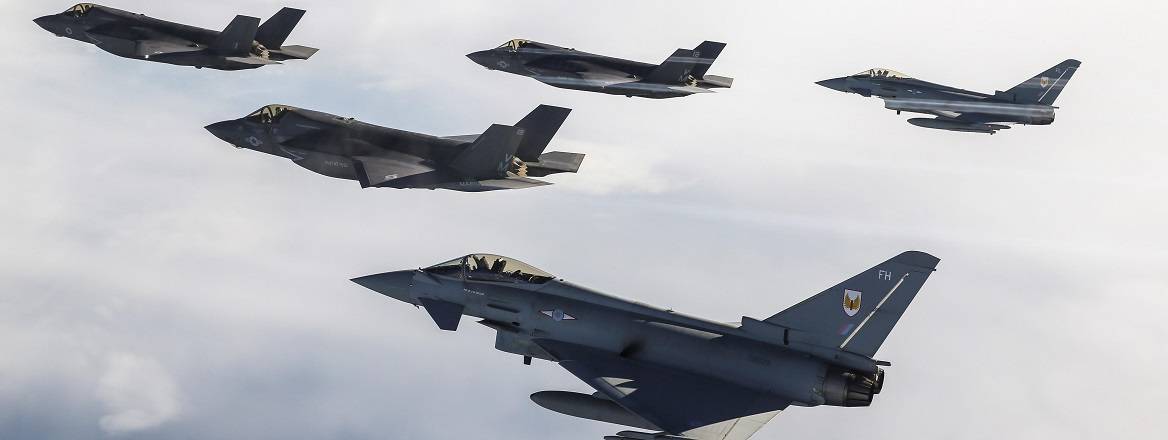 A UK F-35B with two USAF F-35B’s and two RAF Typhoons