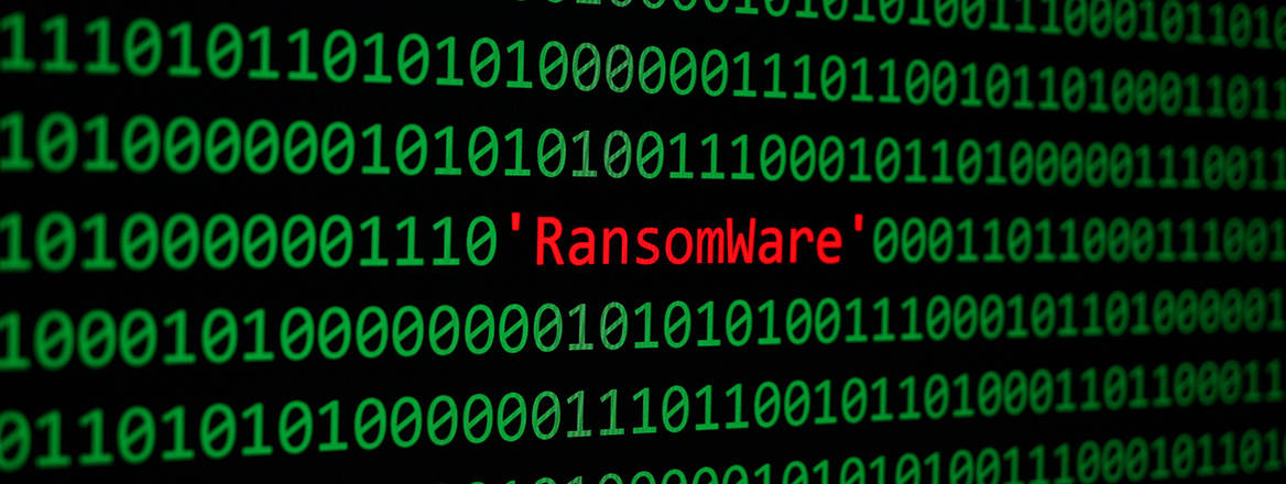 The word 'ransomware' appearing amid rows of binary code