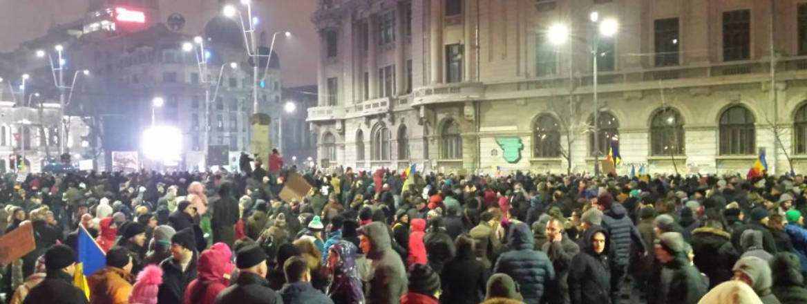 Romanian protesters fill the streets outside Bucharest University