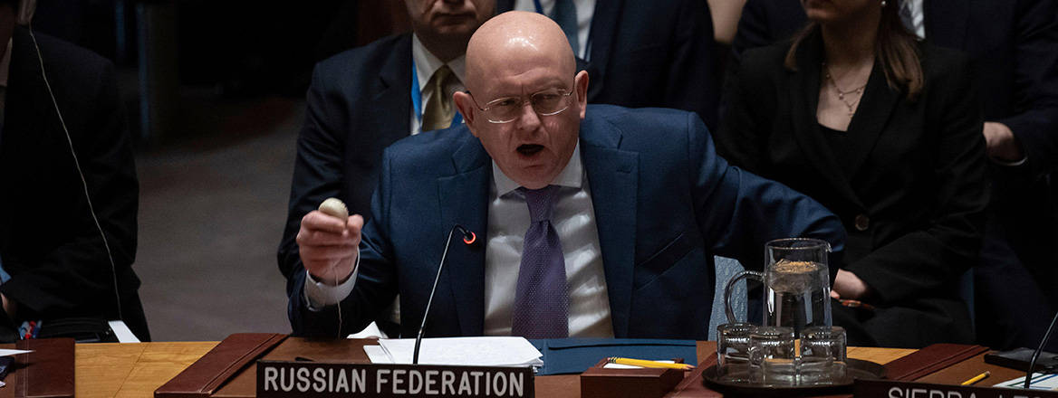 On the warpath: Russian Ambassador to the UN Vasily Nebenzya speaks during a Security Council meeting on 22 March