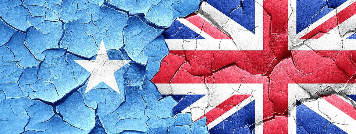 The UK and Somalia flags joining in the middle of a textured background