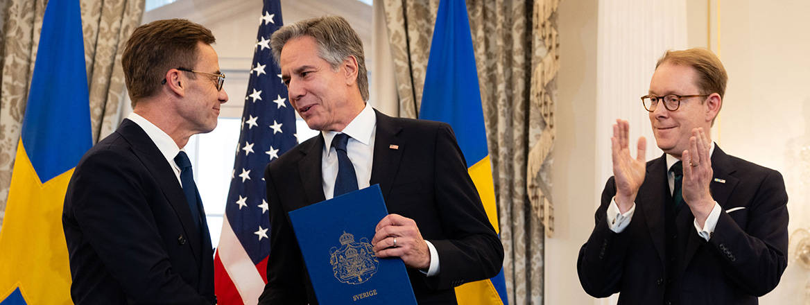 Welcome to the club: US Secretary of State Antony Blinken with Swedish Prime Minister Ulf Kristerssonm and Foreign Minister Tobias Billstrom during the ceremony to mark Sweden's formal entry into NATO