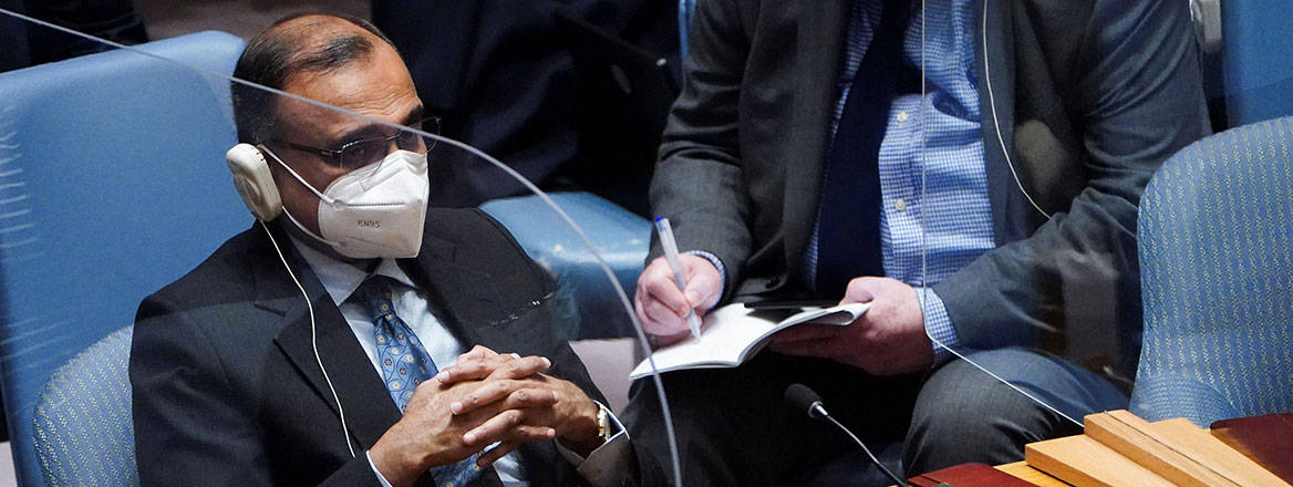 India's Ambassador to the United Nations T S Tirumurti attends the UN Security Council meeting on Threats to International Peace and Security, following Russia's invasion of Ukraine, March 2022. Courtesy of Alamy / Reuters / Carlo Allegri