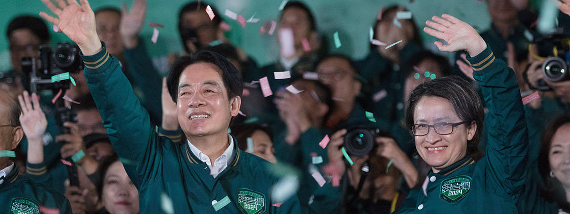 Exuberant scenes: Lai Ching-te, the Democratic Progressive Party's presidential candidate, and his running mate Hsiao Bi-khim cheer during their victory rally on 13 January