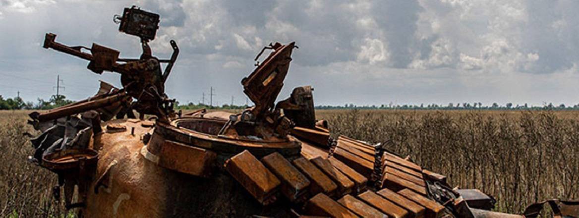 A wreckage of a tank turret from a destroyed Russian tank seen in Mykolaiv Oblast