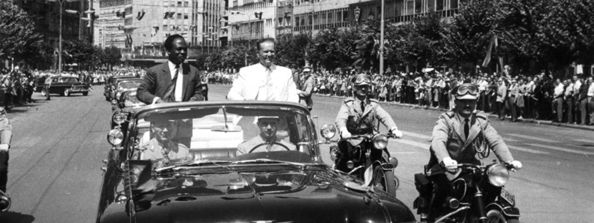 Former Yugoslav leader Josip Broz Tito accompanies Ghanaian President Kwama Nkrumah on his arrival at the first Conference of the Non-Aligned Movement in Belgrade in 1961