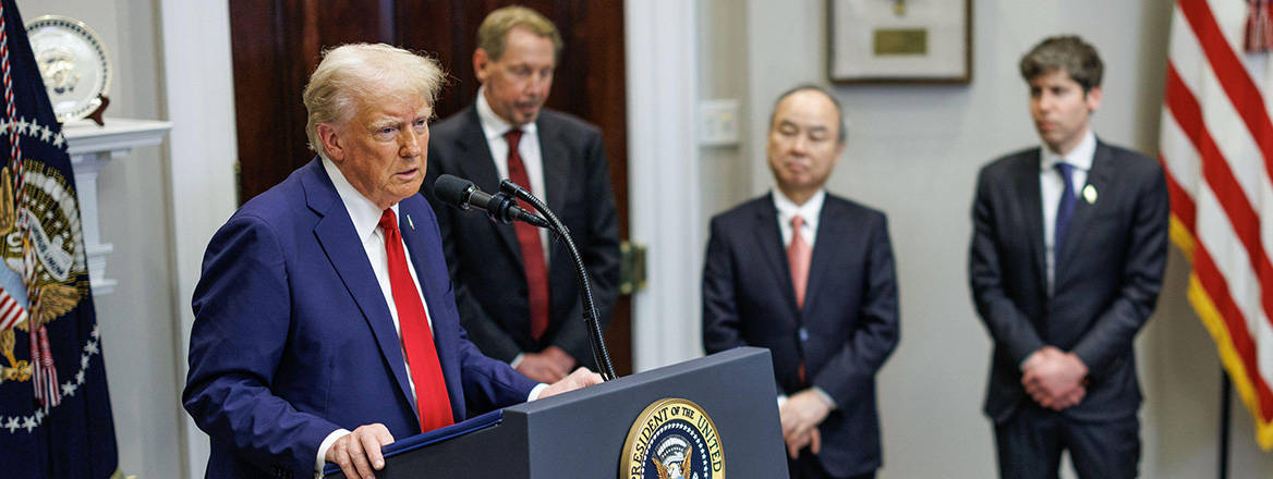 New ventures: President Donald Trump gives remarks on the Stargate Project as executives of the companies involved look on, on 21 January 2025