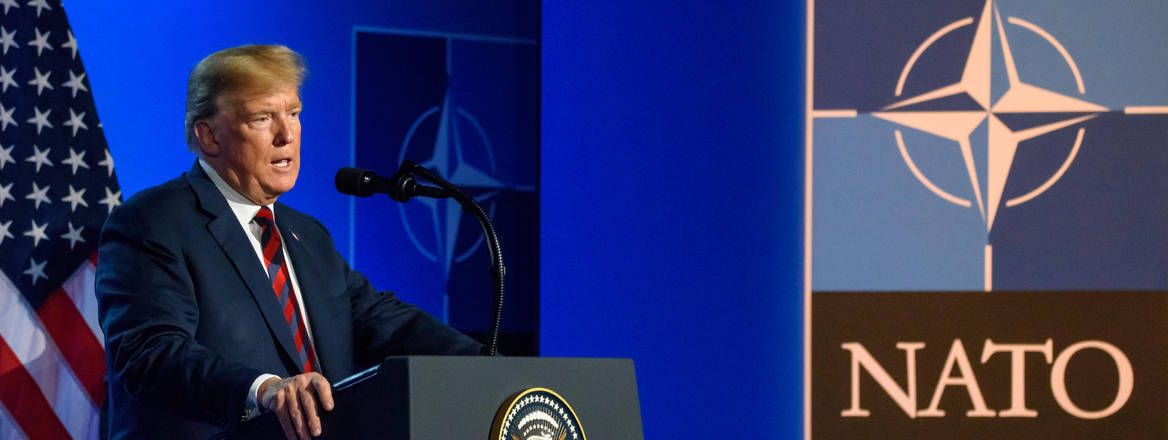 Donald Trump at a press conference, NATO Brussels summit