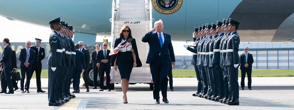 Saluting the guard: former US President Donald Trump disembarks from Air Force One on a visit to the UK in 2019