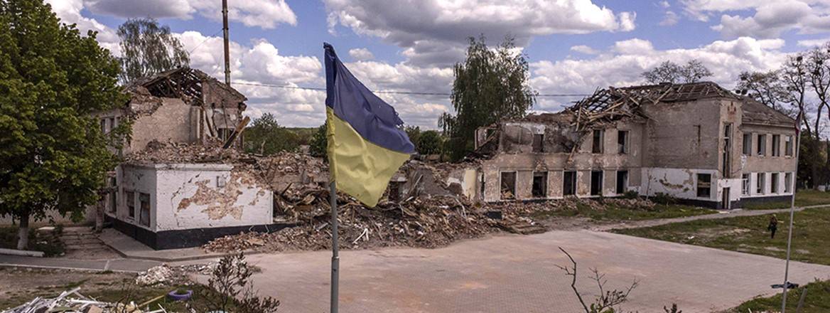 Reduced to rubble: a school in Merefa, Ukraine which was damaged by Russian shelling