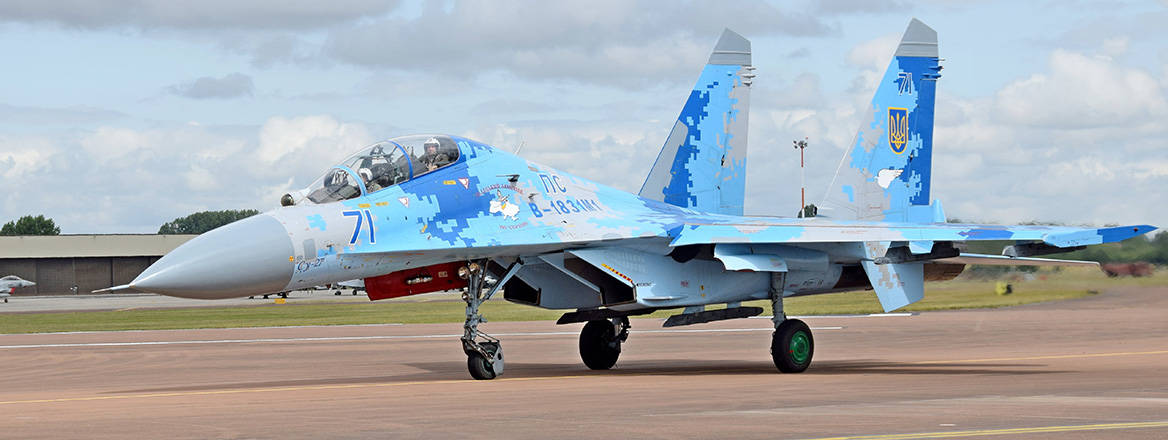 A Sukhoi Su-27UB Flanker of the Ukrainian Air Force pictured in 2019