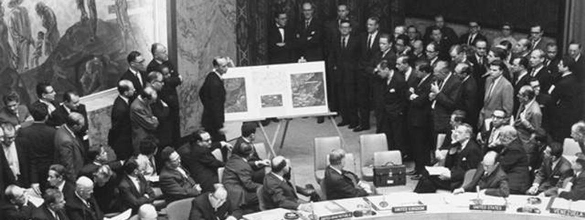 Moment of crisis: US Ambassador to the UN Adlai Stevenson shows images of Russian missiles in Cuba to the UN Security Council in 1962