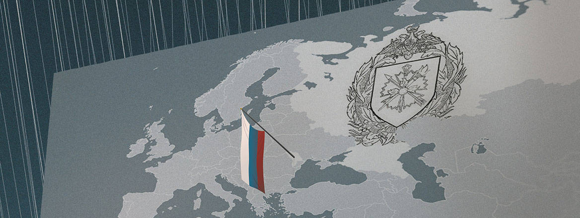 Illustrated map with Russian flags pinned to Moldova and Mali