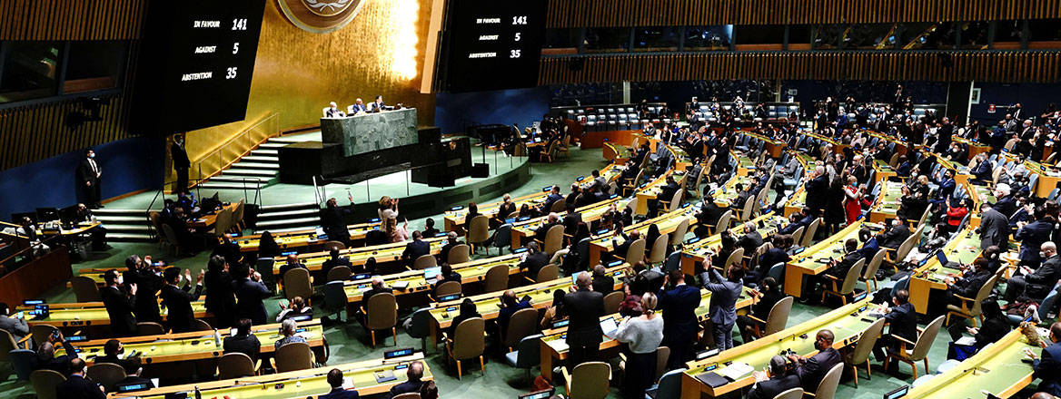 The world looks on: delegates react as results are displayed of the UN General Assembly's vote on the Russian invasion of Ukraine on 2 March 2022. Image: Reuters / Alamy