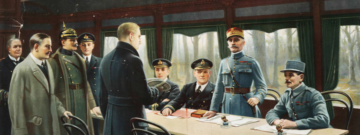 colourised photograph of the signing the Armistice