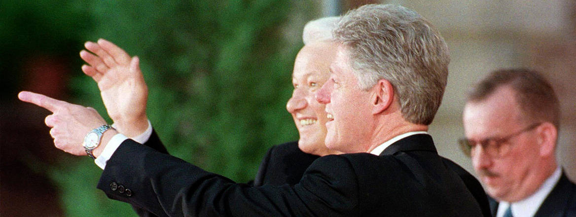 Happier times: former US President Bill Clinton and Russian President Boris Yeltsin in 1997, the year the NATO-Russia Founding Act was signed. Image: Luc Novovitch / Alamy