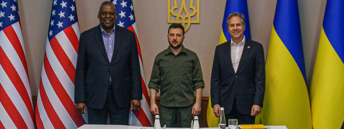 Exceeding expectations: Ukrainian President Volodymyr Zelensky with US Secretary of State Antony Blinken and Secretary of Defense Lloyd Austin in Kyiv on 24 April 2022. Image: US Department of State