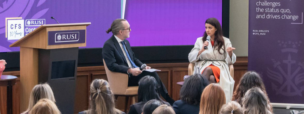 Elisa de Anda Madrazo (right) speaks with Tom Keatinge at a CFS event, Women in Anti-Financial Crime: Inspiring the Next Generation, in March 2025. Courtesy of Laure Divisia