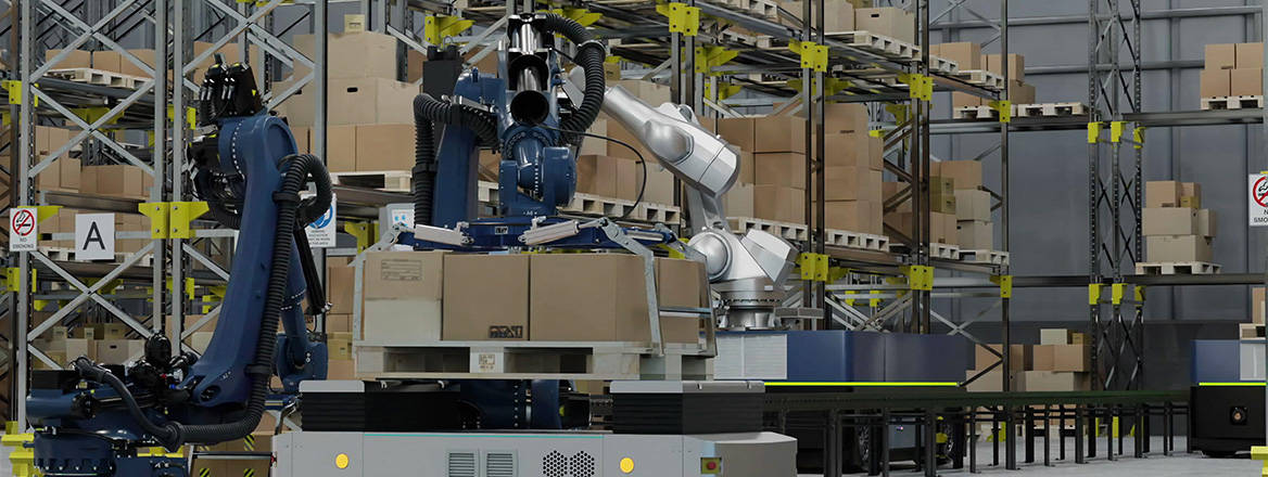 Image of robots and drones working in a warehouse.