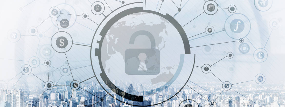 Currency symbols float above skyscrapers linked by lines that link to an open padlock symbol in the centre denoting financial cyber activity
