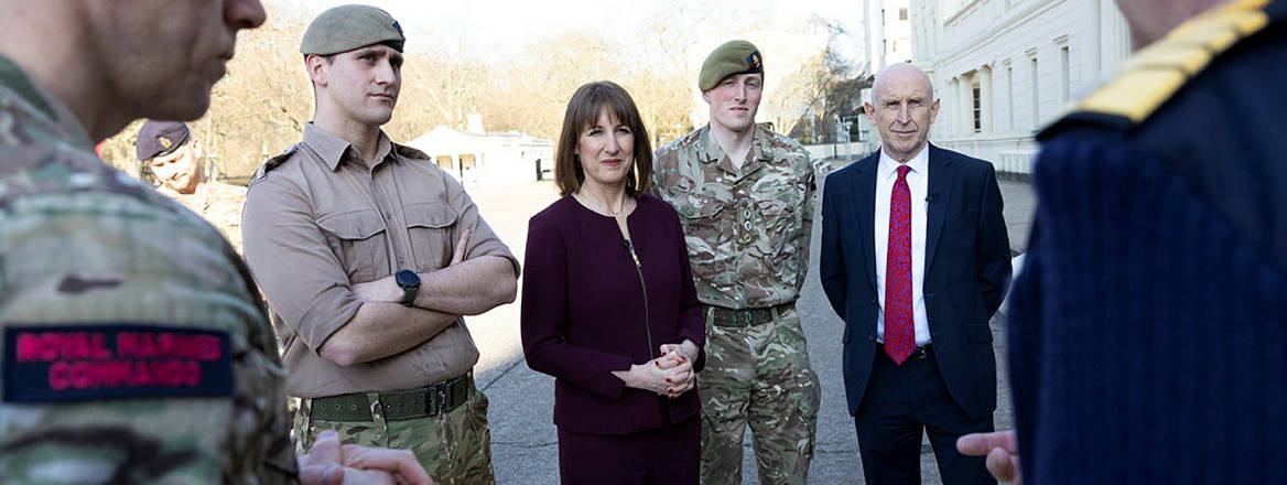 Chancellor Rachel Reeves, Defence Secretary John Healey and Chief of the Defence Staff Admiral Tony Radakin, visit Wellington Barracks in London in March 2025.
