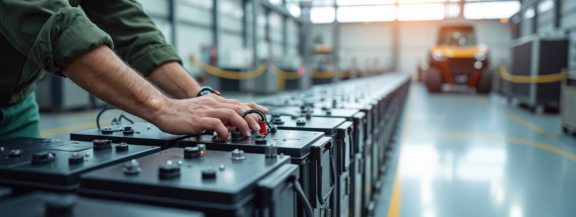 AI-generated image of a technician inspecting battery units on the production line.