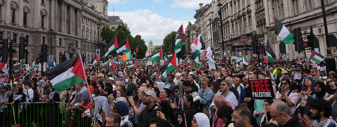 People take part in a national demonstration for Gaza after marching from Russell Square to Whitehall in London, Saturday June 8, 2024.
