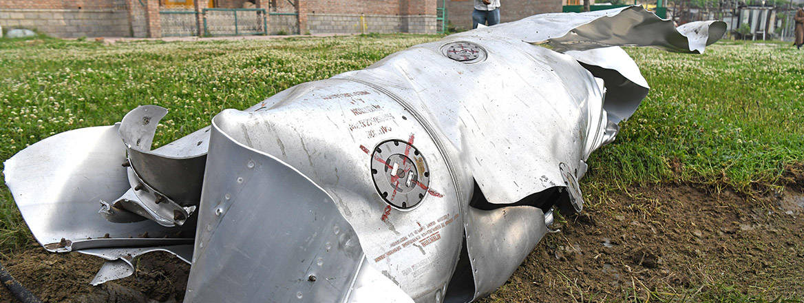 Wreckage of an Indian Air force fighter jet in Wuyan Pampore, south Kashmir, following India's airstrikes on Pakistan. May 7, 2024.