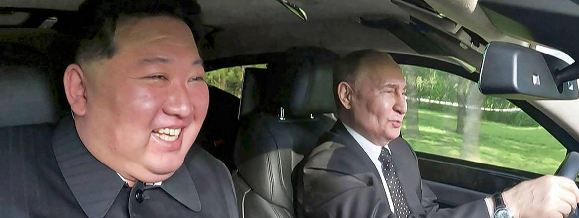 Vladimir Putin, Russian President, drives Kim Jong Un in North Korea while on a visit in June 2024. 