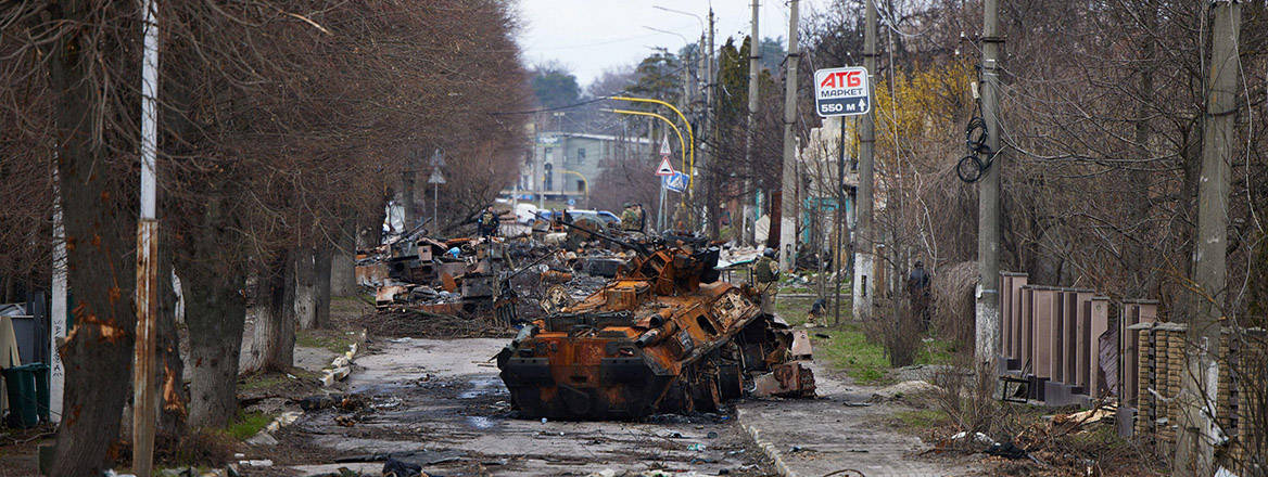 The remains of a Russian Army armoured column in Bucha, Ukraine.