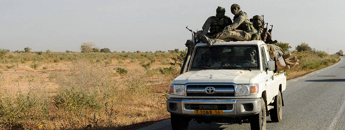 2000 armed soldier from Chad, here in a Toyota pickup, on the way to Mali as part of the ECOWAS mission, in the Mali war, supporting French troops in Operation Serval 2012 against terrorist groups.